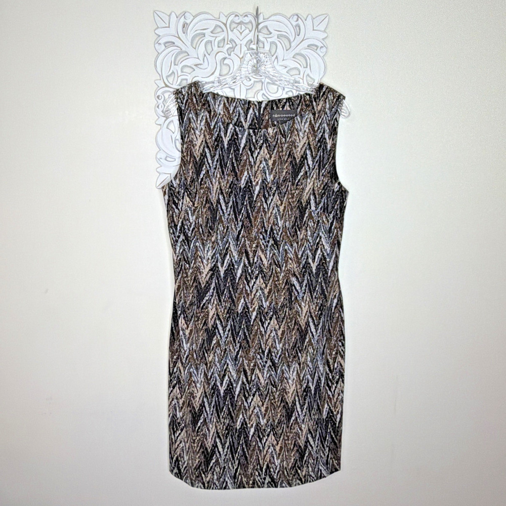 Connected Apparel size 12 Sleeveless Sheath DRESS Chevron Zigzag BLACK BROWN